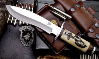Cfk Handmade D2 Custom Usmc Marines Scrimshaw Bone Bowie Hunting Blade Knife