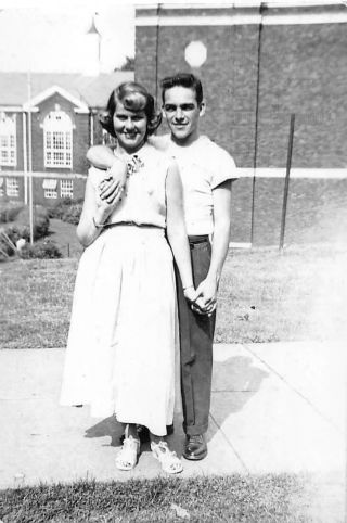 Young Man Woman Couple Holding Hands Smile 1951 1950s Vintage Black White Photo