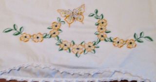 Vintage Pillow Case Butterfly Hand Embroidered Crochet Lace Border Cottage Chic