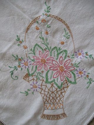 Vintage Hand Embroidered 47 " Square Tablecloth W/basket Of Flower 