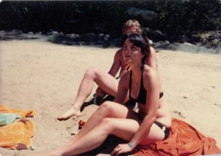Vintage Photo Cute Girl On Beach Sexy Black Bikini On Towel Snapshot