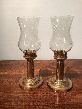 Antiques Brass Candleholders With Etched Glass Shades