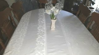Vtg? Banquet Tablecloth 60 X 143 White Floral Damask Cotton Or Blend Sheen Euc