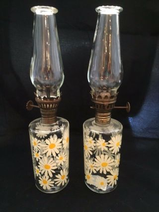 Set Of 2 Vintage Miniature Clear Glass Painted Daisy Daisies Oil Lamp Kerosene