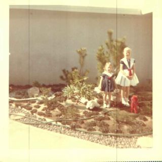 Vintage Color Photo Little Girls In Garden Miniature Sisters Abstract Photograph