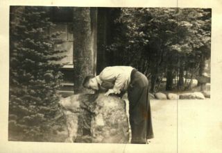 Old Photo Man Wears Suit Bending Over Drinking Fountain Rock Park