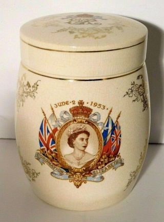 Vtg Sandland Ware Queen Elizabeth Ii Coronation Biscuit Tobacco Jar June 2,  1953