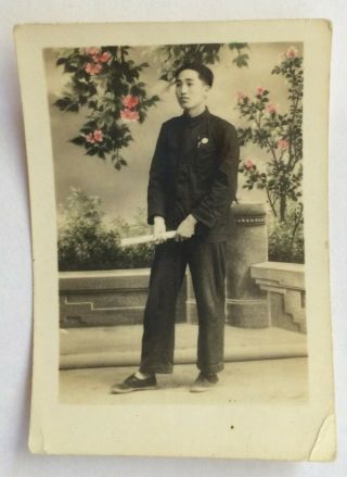 1950s Hand Colored China Young Man Youth Studio Painting Backdrop Chinese Photo