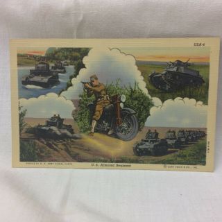 Vtg U.  S.  Army Armored Regiment Postcard Military Motorcycle Tank Tanks