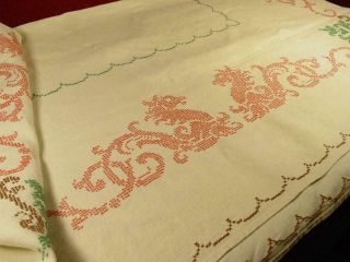 Unique Vintage Pure Linen Tablecloth With Hand Embroidered Pink Dragons 48x50