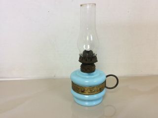 Vtg Acorn P&a Co.  Oil Lamp/ Handy Lamp Blue Milk Glass Mini Oil Kerosene
