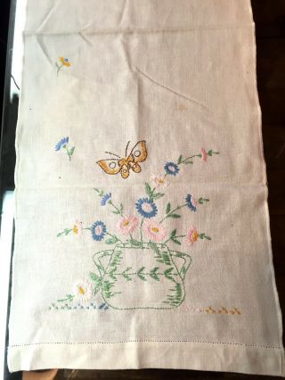 Vtg Dresser Scarf Embroidered Table Runner Floral Butterfly Teapot Basket Flower