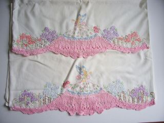 Vintage Pair Southern Belle Embroidered W/ Pink Crocheted Edge Pillowcases