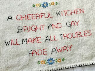 Vintage Hand Embroidered Linen Tea Kitchen Towel - Happy Cheerful Motto/saying