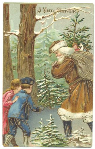 Brown Suit Santa Hauls Christmas Toys In Woods.  Kids Watch - 1909 Postcard
