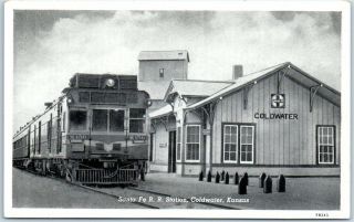 Coldwater,  Kansas Postcard Santa Fe Railroad Depot W/ Train Curteich 1940s
