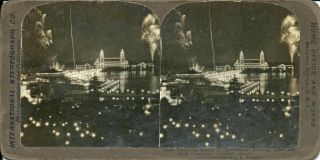 Rare 1905 Portland Lewis & Clark Exposition Stereoview - Fireworks Over Lake