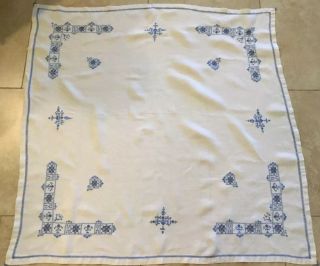 Vintage Small Tablecloth,  Flower & Leaf Embroidery,  Cut Work Detail,  Blue,  White