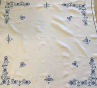 Vintage Small Tablecloth,  Flower & Leaf Embroidery,  Cut Work Detail,  Blue,  White 2