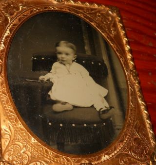Big 1/4 Plate Ambrotype Photo Of Cutest Baby In Brass Frame,  Baby Has Medal? Keys