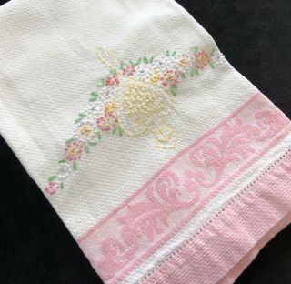Vintage Pink Shabby Floral Hand - Embroidered Kitchen,  Hand Or Tea Towel (rf935)