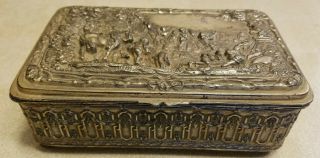 Antique Jennings Brothers Jb Footed Jewelry Box Casket Silver Plated Hunt Scene