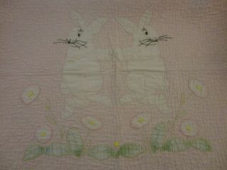 Vintage Baby Quilt With Applique Bunnies & Flowers (510)