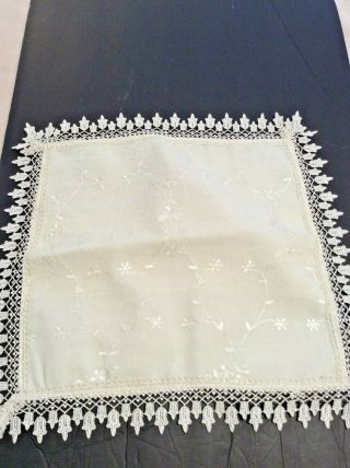 Antique White Embroidered Floral Square Pillow Case Cover With Lace Trim