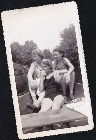 Vintage Antique Photograph Three Young Women In Bathing Suits Sitting In Boat