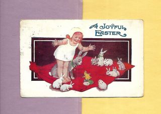 Adorable Girl,  Bunnies Watch Hatching Chick On Vintage 1923 Easter Postcard