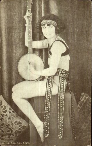 Sexy Woman Early Burlesque Pin - Up Girl Exhibit Card Banjo Music