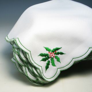 Set Of 10 Vintage Cloth Napkins Christmas Holiday Embroidered Holly & Ivy