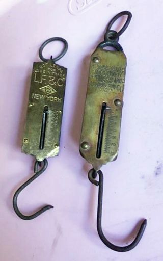 2 Old Brass Hanging Spring Balance Scales 25lbs Excelsior Belmont Hdw Lf&c 3 Ny