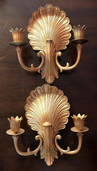 Set Of 2 Brass Fan Shell Double Candle Candelabra Wall Sconces 10” Andrea Sadek
