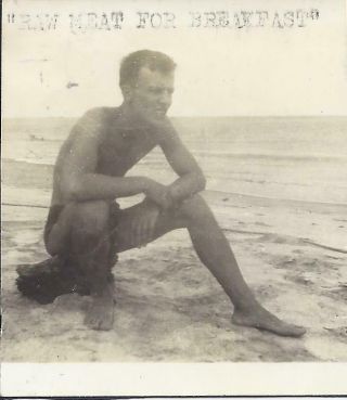 850 Vintage Photo Handsome Young Man In Swim Trunks At The Beach Sitting On Log