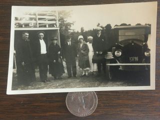 Vintage White & Black Snapshot Photo Old Car Family Quebec Licence