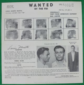 October 30,  1956 Fbi Wanted Poster Louis Joseph Musto