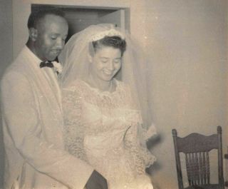 Newlywed Couple Formal Wedding Dress Tuxedo 1950s Vintage Black White Photo