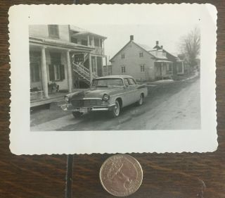 Vintage White & Black Snapshot Photo Old Car Houses Quebec Licence