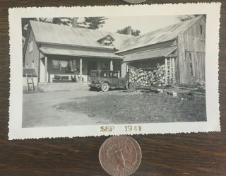 Vintage White & Black Snapshot Photo Old Car House
