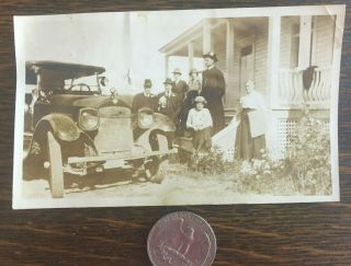 Vintage White & Black Snapshot Photo Old Car Family