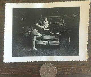 Vintage White & Black Snapshot Photo Old Car Women & Baby & Québec Licence