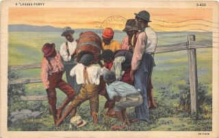 E23/ Black Americana Postcard 1937 A " Lasses Party Whiskey Barrel Boys 12