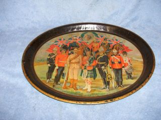 Rare Antique Tray Of Queen Victoria With Military Men In Uniform W Flags Horses