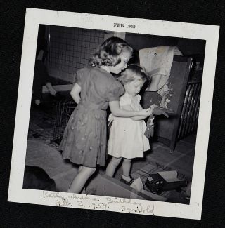 Vintage Antique Photograph Two Little Girls Playing With Toys In Retro Room 1959