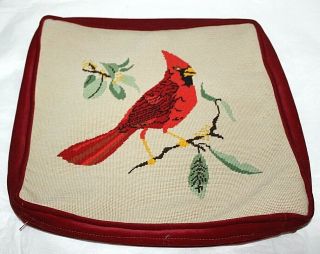 Vintage Square Wool Needlepoint Pillow Cover Red Cardinal Bird 13 " Zippered