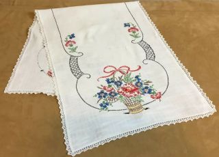 Vintage Table Runner Or Dresser Scarf,  Flower Basket Embroidery With Bow,  Multi
