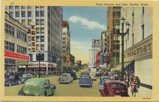 Linen Postcard,  View Of Third Ave.  And Pike,  Seattle,  Washington