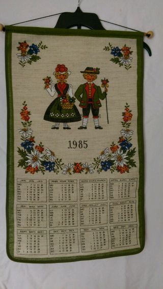 Vintage Calendar Towel 1985 German Man And Woman With Hanging Rod