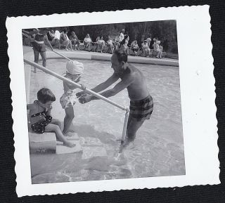 Vintage Photograph Man Helping Little Girl Into Pool - Old Time Bathing Cap